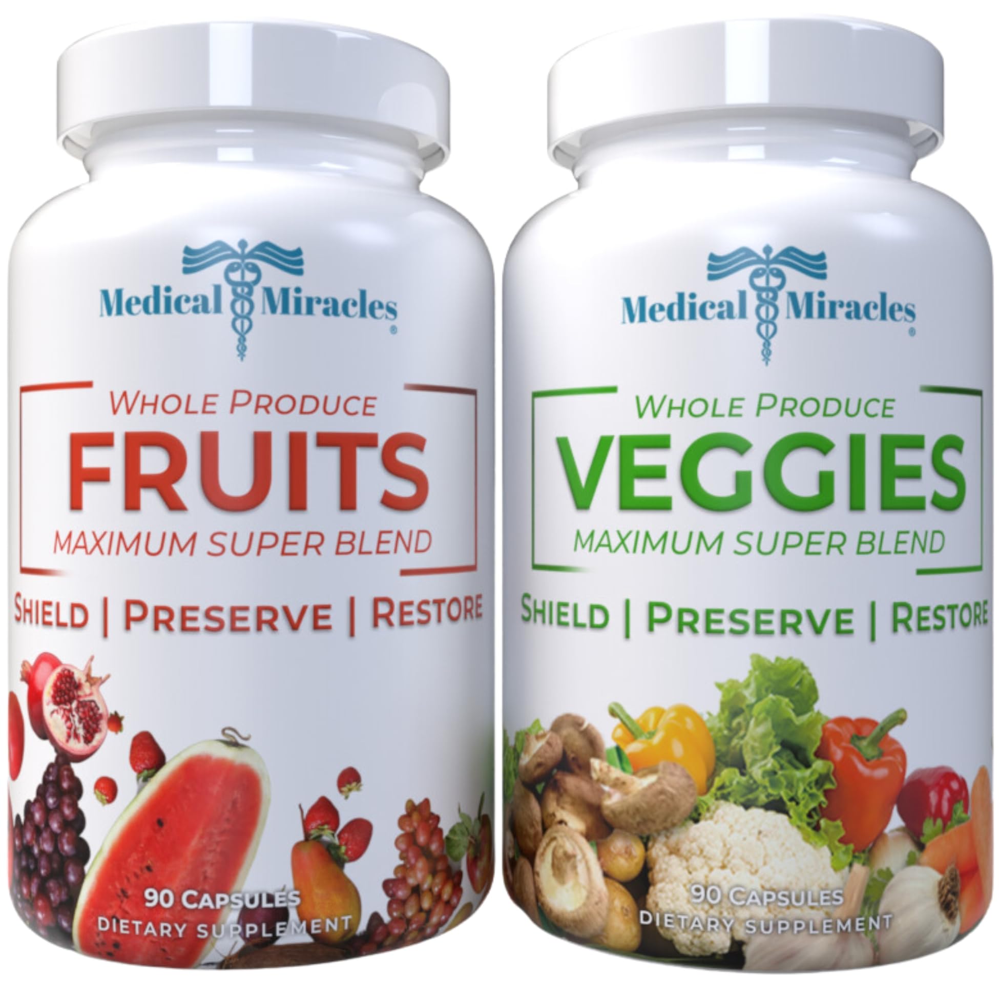 Medical Miracles Fruit and Vegetable Supplements - Contains 90 Veggie and 90 Fruit Capsules (180 Total) - Made with Whole Food Superfoods, 17 Veggies