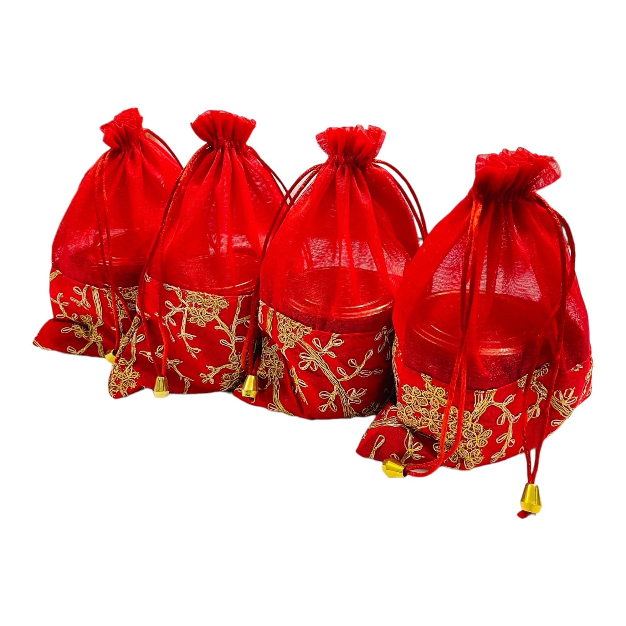 KRIWIN Pack of 10 Women's Silk Drawstring Closure Embroided Gift Potli Bags Pouches 9 X 7 inch Capacity- 450 gram (Red) 3