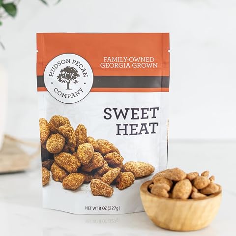 HUDSON PECAN COMPANY Sweet Heat Candied Georgia Pecans: Crunch With a Kick | Crunchy Sweetness with Subtle Spicy Finish, Gourmet Snack for Entertaining, Charcuterie Boards, Salads, 8oz Resealable Pouch