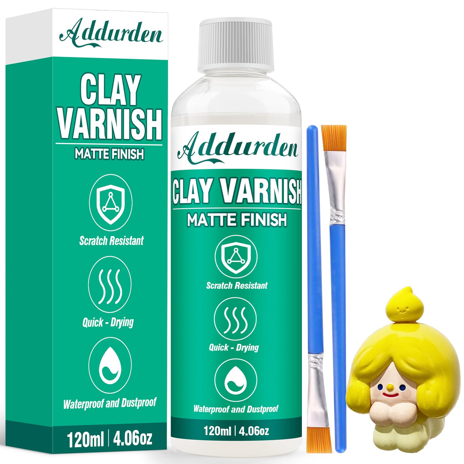 Addurden Clay Varnish with 2 Brushes, 120ml Polymer Acrylic Varnish, Matte Air Dry Clay Glaze for Ceramics, Oil Painting, Wood, Waterproof, Preventing Crazing & Yellowing (Varnish-Matte)