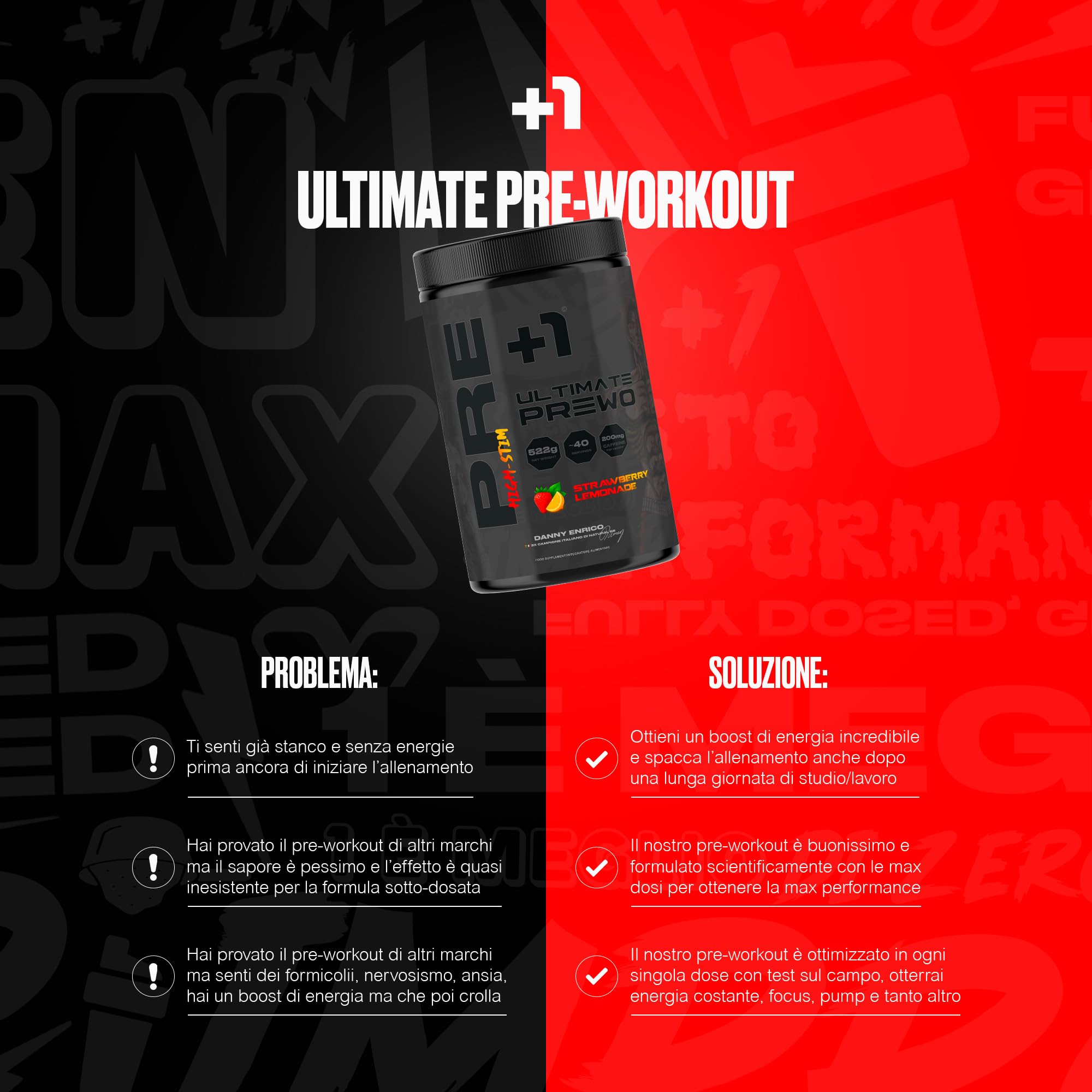 +1® Pre Workout Definitivo - Massima Performance, Dosi Scientifiche e Gusto - 200 mg Caffeina - Citrullina, Beta Alanina, Betaina e Glicerolo - No Formicolii - 517 g, 40 Porzioni - Strawberry Lemonade