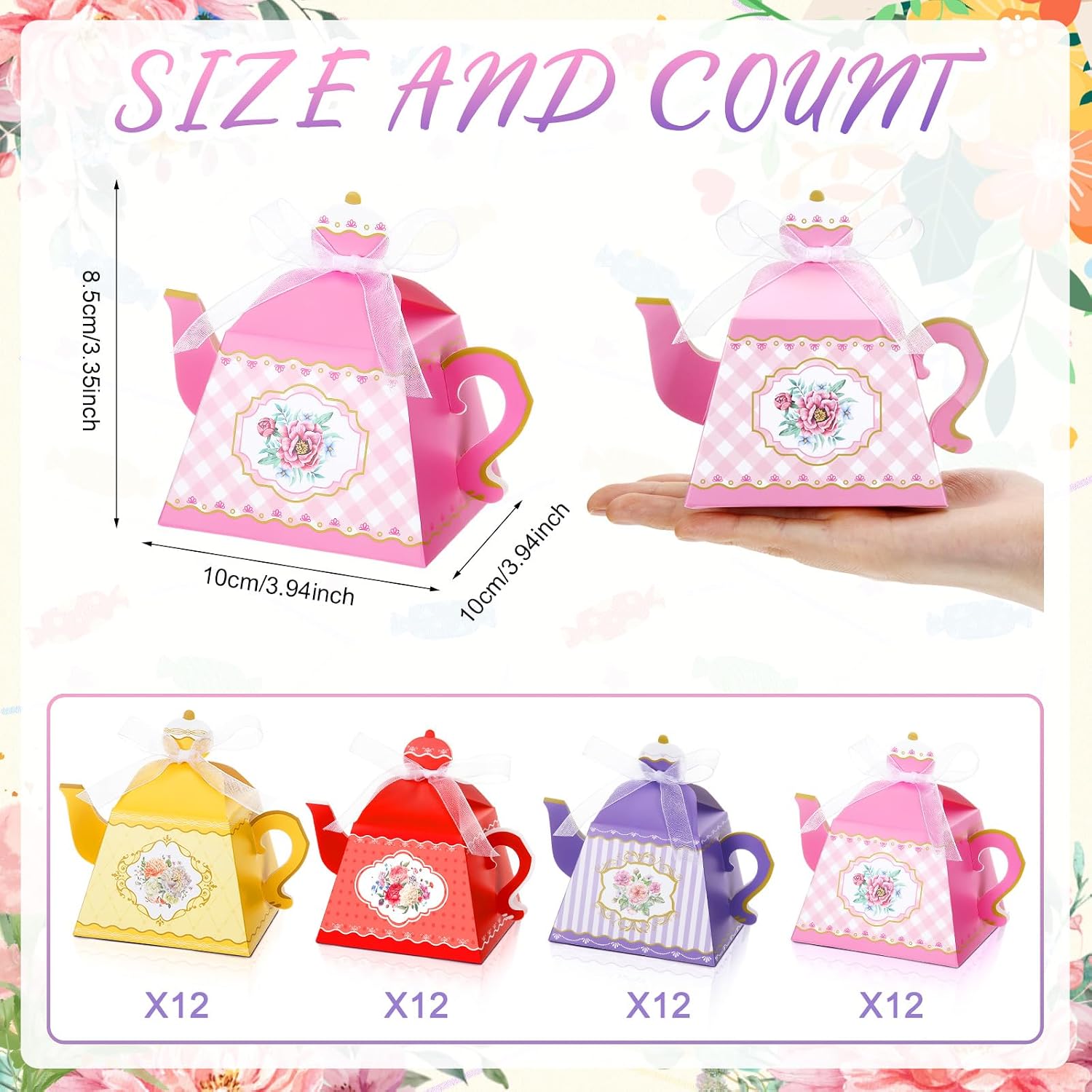 Qilery 72 Pcs Tea Party Favor Boxes Vintage Teapot Candy Boxes Floral Teapot Gift Supplies for Baby Shower Birthday Garden Wedding Decoration(Bright Color) image 2