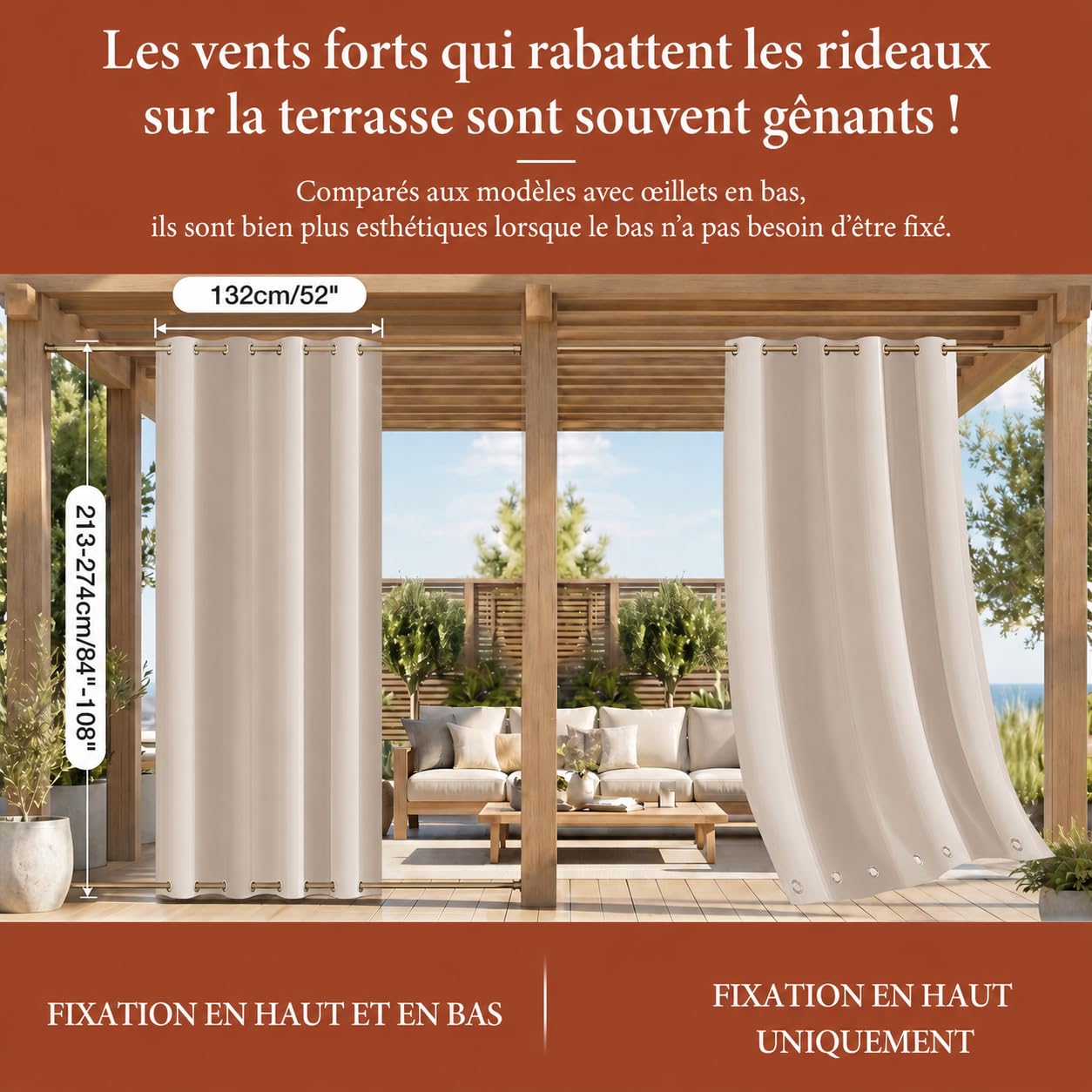 Rideaux d'extérieur imperméables avec œillets, 213 x 132 cm, parfaits pour jardin, balcon, terrasse, protection de l'intimité – Rideaux élégants toutes saisons pour terrasse et extérieur