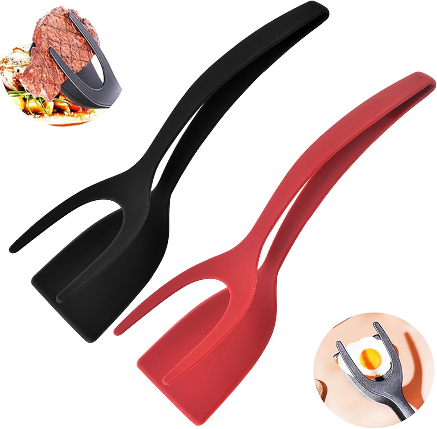 Egg flipper spatula tongs Set of 2 PCS - 2 in 1 Grip and Flip Spatula Tong, Non-Stick Multi-purpose Kitchen Gadgets for Quesadillas, Pancake, Sandwiches, Steak Home Kitchen Cooking Tool(Black,Red)