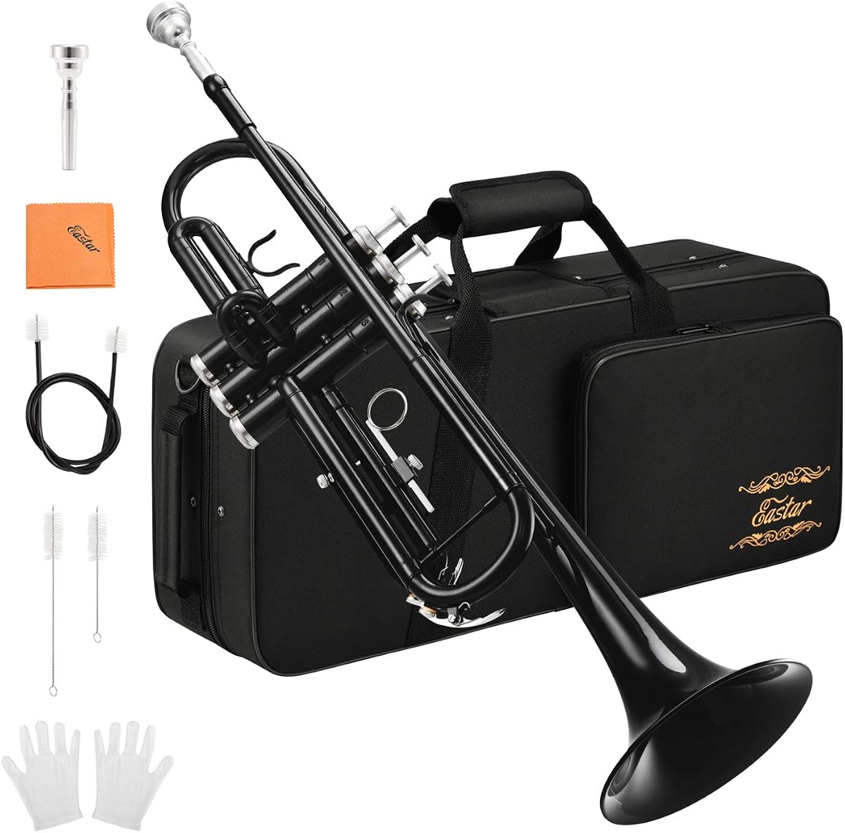 Set de trompeta estándar Eastar Bb para estudiantes principiantes con estuche rígido, kit de limpieza, boquilla y guantes 7C, instrumento de trompeta de latón Bb, negro, ETR-380B