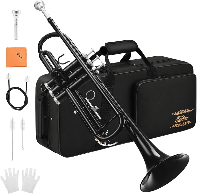 Set de trompeta estándar Eastar Bb para estudiantes principiantes con estuche rígido, kit de limpieza, boquilla y guantes 7C, instrumento de trompeta de latón Bb, negro, ETR-380B