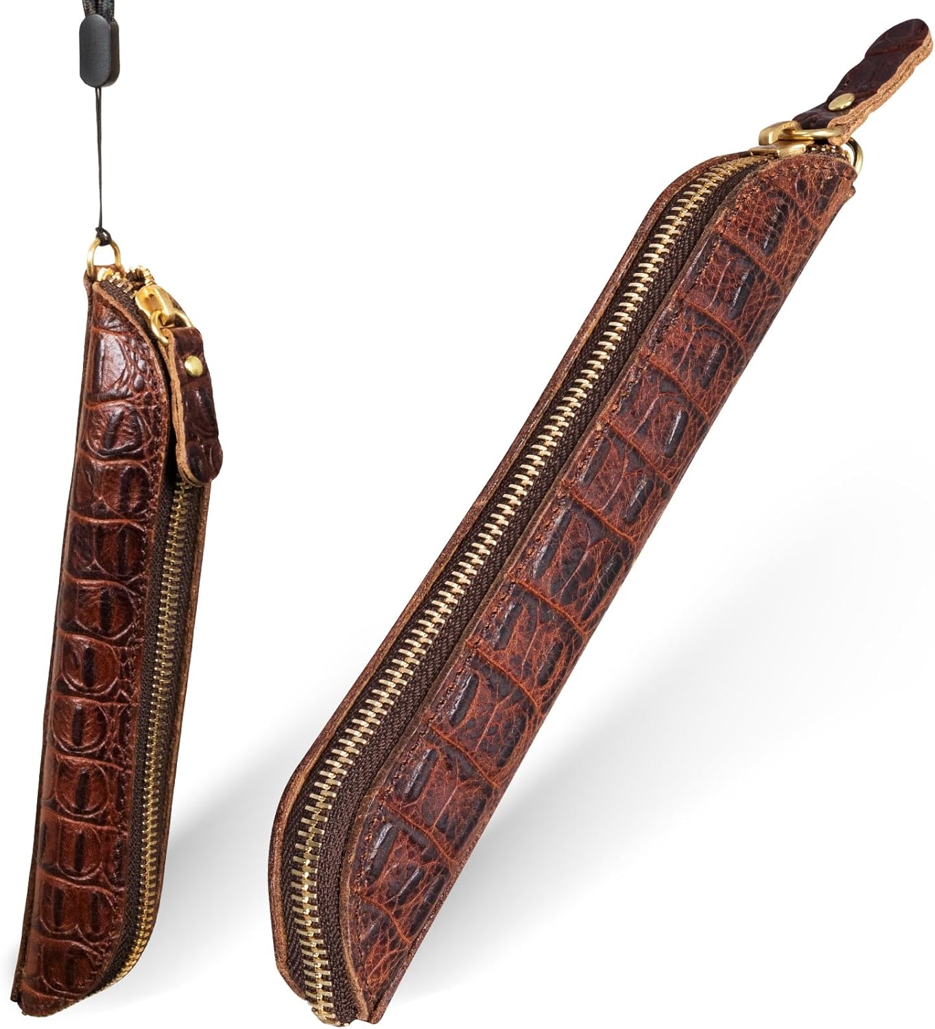 Gexmil Genuine Leather Pen Case, Full Grain Leather Mini Pencil Holder, Hand-made Stationery Bag for Work & Office, Vintage Style, Crocodile Brown