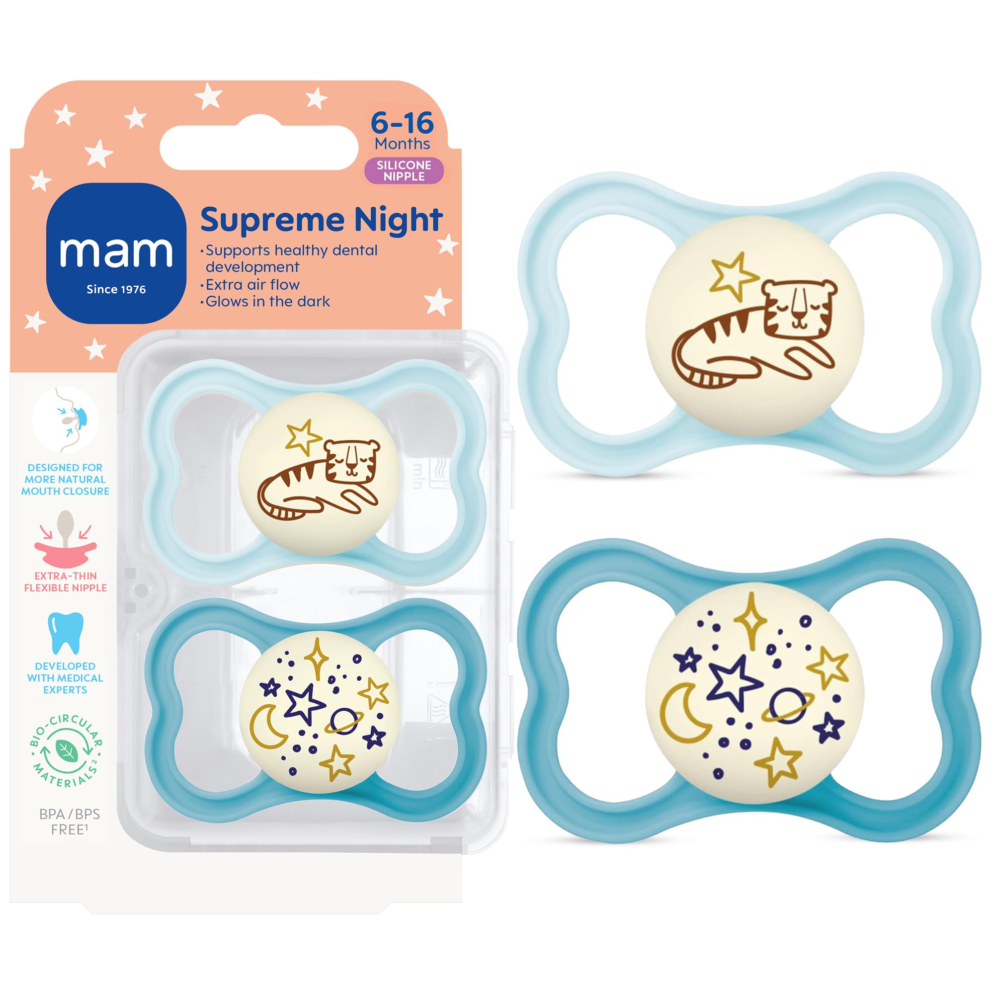 MAM Supreme Night Lot de 2 tétons brevetés pour bébé de 6 à 16 mois, pour peaux sensibles