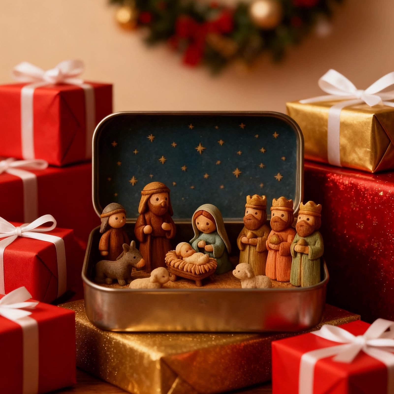 13x2,5x8cm Belen Navideño Decorativo, Figura para Nacimiento De Navidad, Decoración Belén De Navidad, Pequeño Belen En Caja De Lata, Decoración del Nacimiento De Jesús De Tamaño De Bolsillo