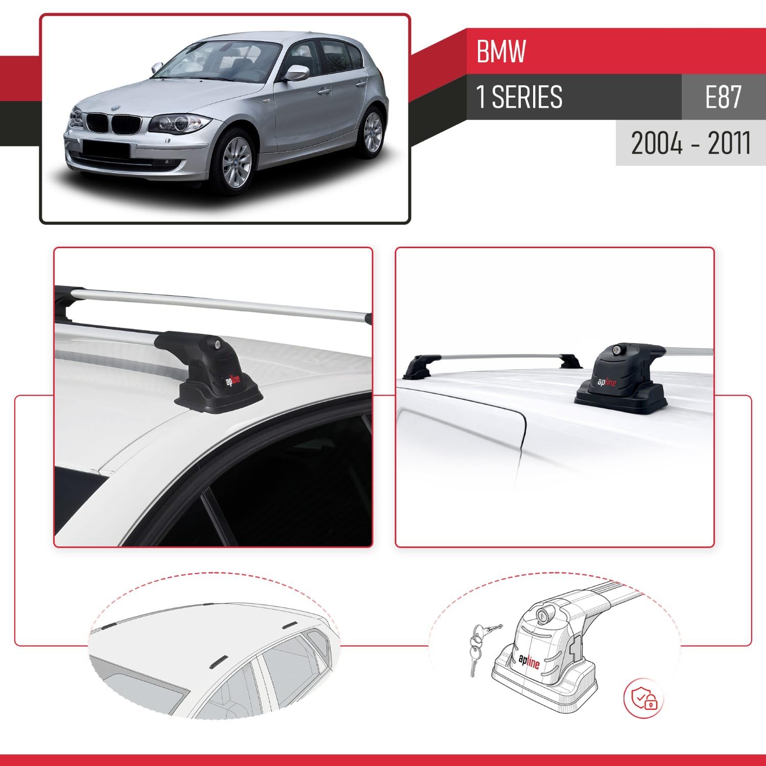 MDAK Compatible con BMW Serie 1 (E87) 2004-2011 Modelo Ace-3 Barra de Techo Auto Portaequipajes Barras Transversales Gris Aluminio 2 Barras