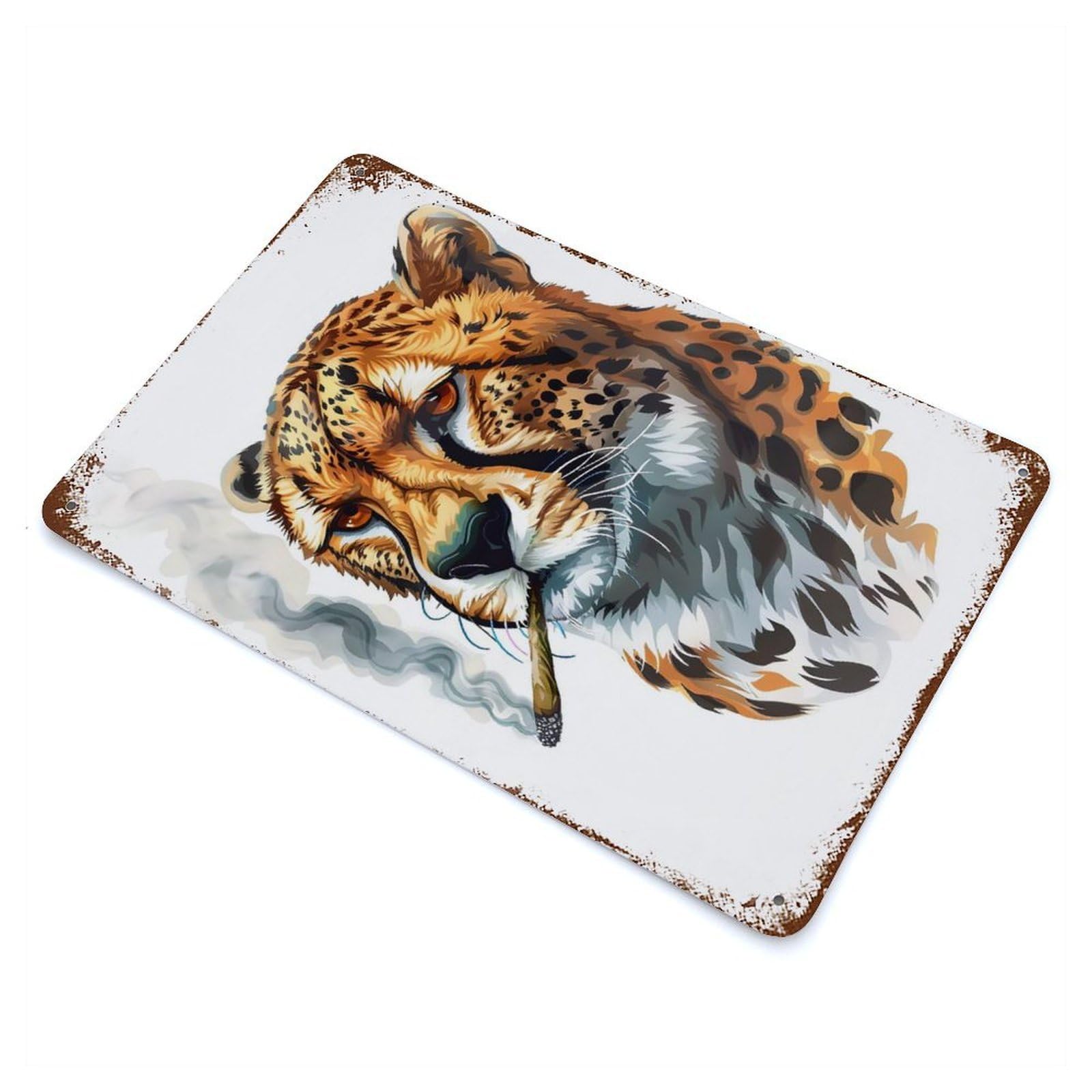 Rust Effect Cheetah Smoking Distressed Metal Wall Sign 11.8"x7.9", Decorative Metal Wall Art for Living Room, Hallway And Home Decor