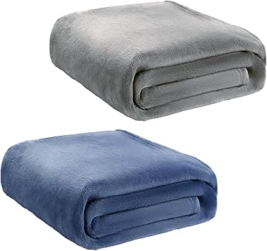 2 Pcs Flannel Fleece Throw Blanket for Bed Couch Large Soft Blanket Winter Warm Lightweight Throw for Sofa,Couch,Travel,Camping,Grey,Blue,50x60 Inch