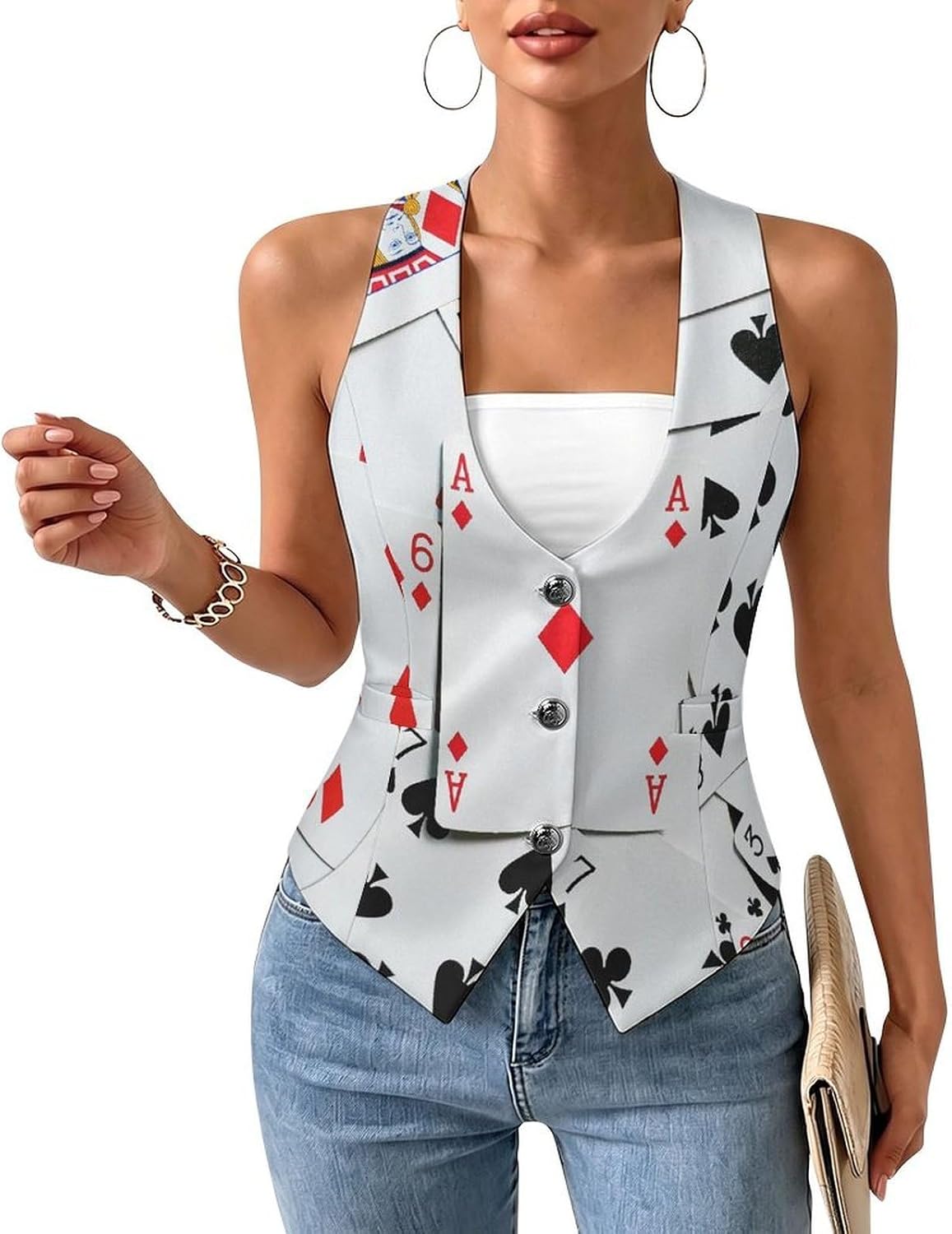 Poker Cards Women's Tuxedo Waistcoat Suit Vest | 3 Button V-Neck Slim Fit Casual Sleeveless Top