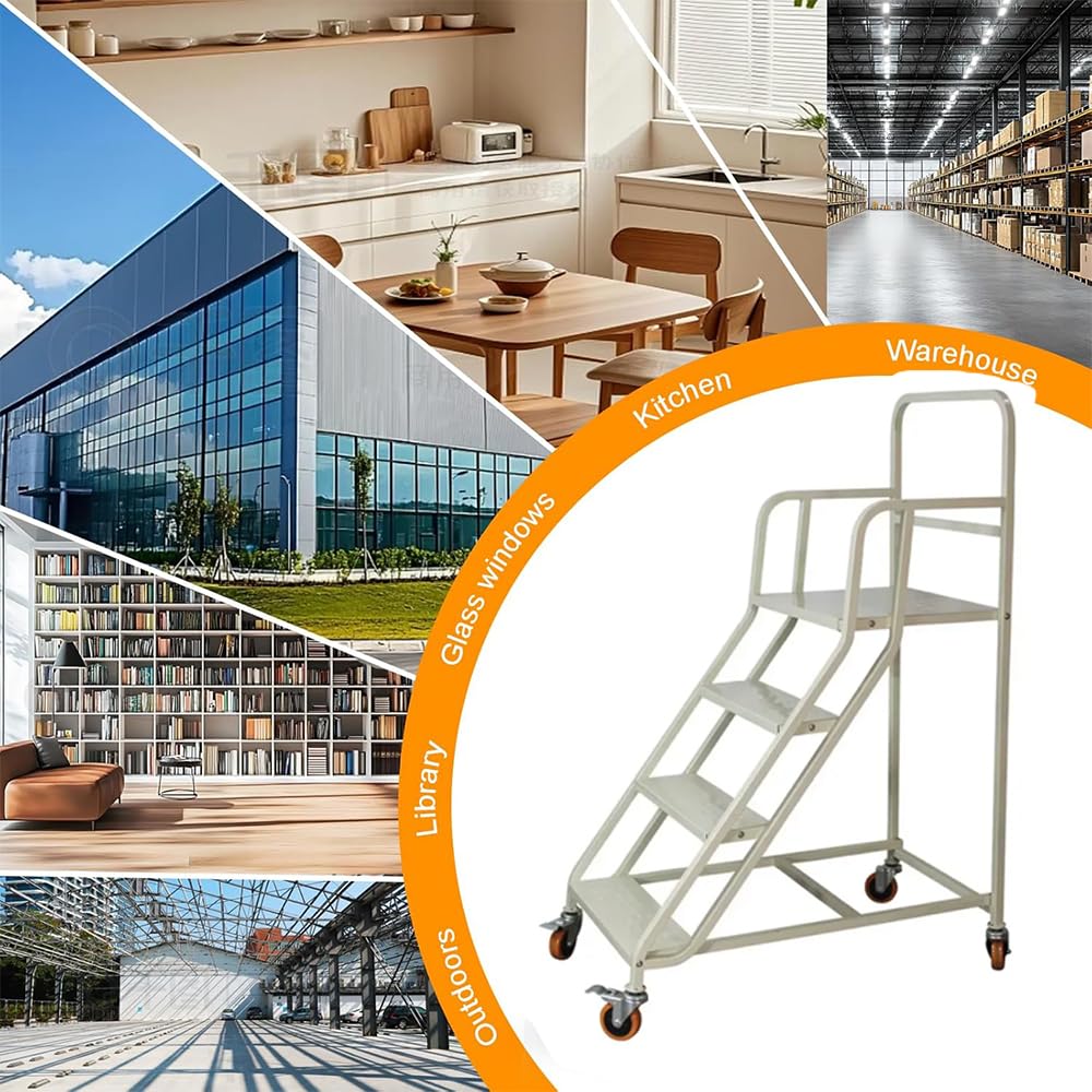 Escalera móvil con ruedas y pasamanos, escalera de plataforma de metal de 4 escalones para almacén, supermercado, biblioteca