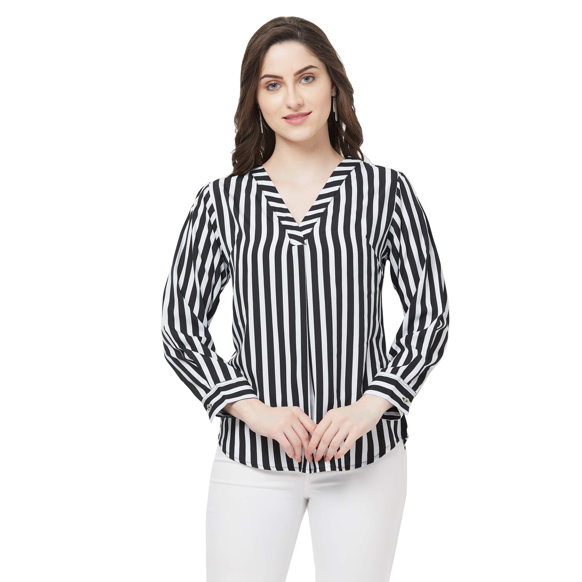 Dennis Lingo Go.4.it Black & White Georgette V-Neck Top in black