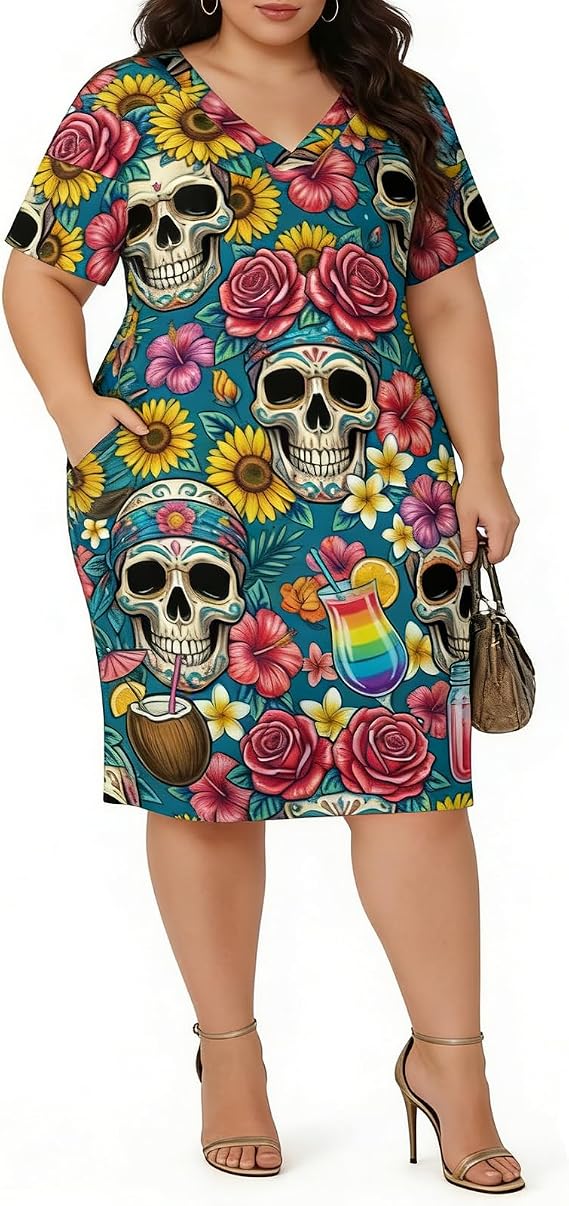 Summer Dresses for Women Casual V Neck Short Sleeves T Shirt Dress Plus Size Midi Dress with Pockets