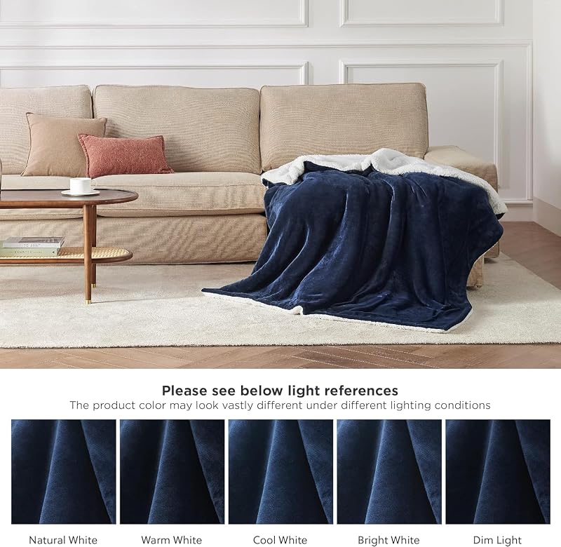Bedsure Sherpa Kétoldalas Takaró, Extra Puha Flanel Pléd Kanapéra és Ágyra - 150 x 200 cm, Navy Blue