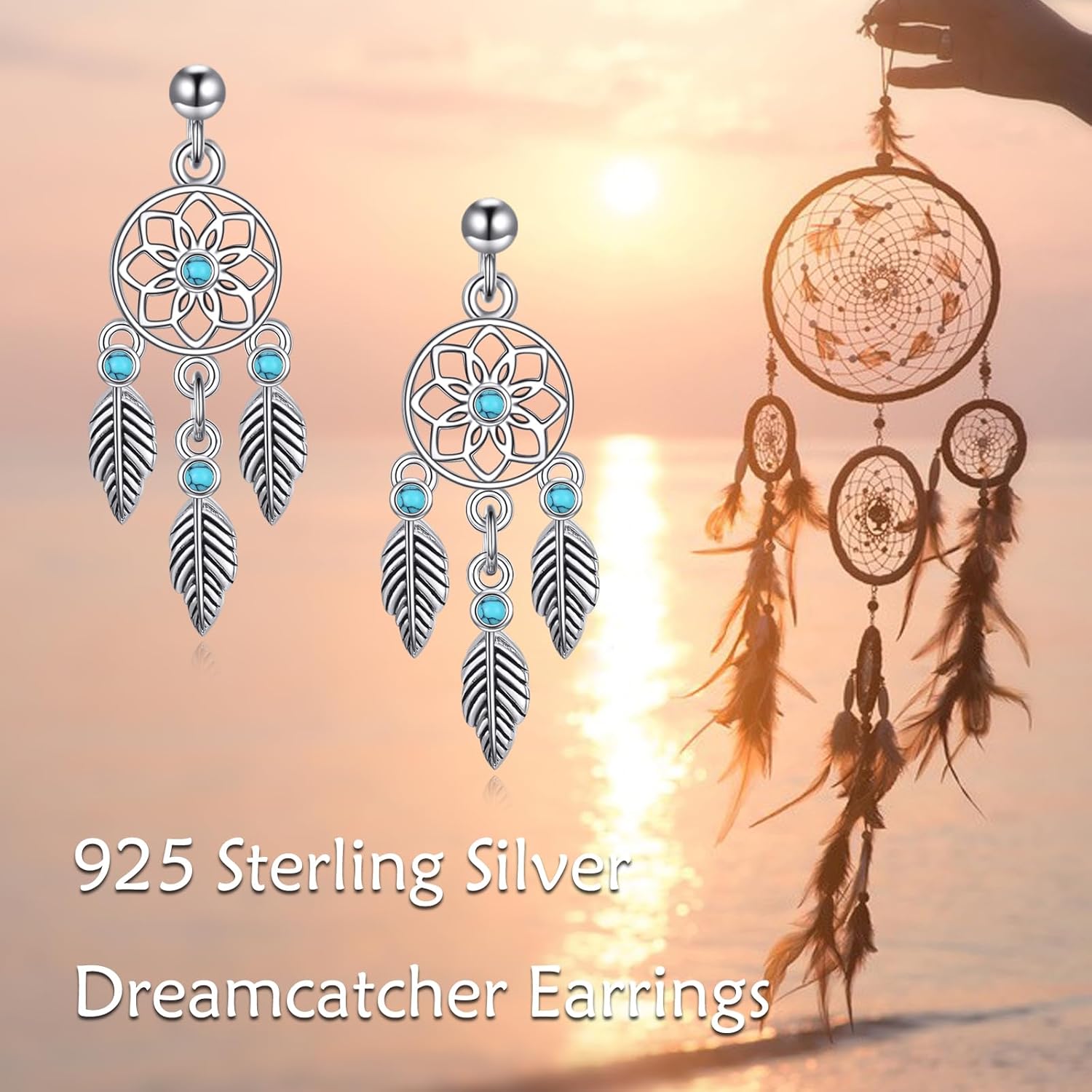 KZX Turquoise Dreamcatcher Earrings for Women 925 Sterling Silver Dream Catcher Feather Earrings Vintage Bohemian Western Jewelry Native American Indian Dream Catcher Feather Dangle Earrings - Image 4