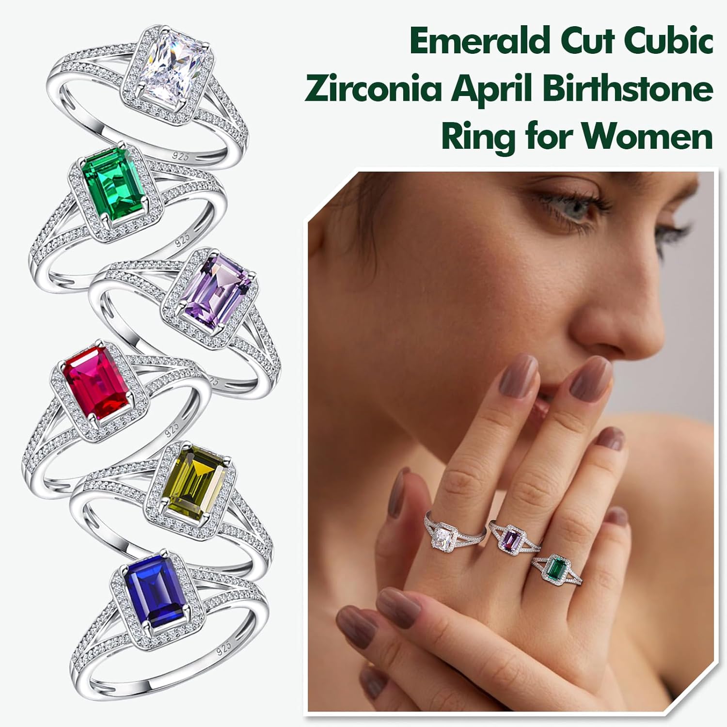 925 Sterling Silver Emerald Cut Engagement Ring Created Gemstome Cubic Zirconia Wedding Promise Ring Split Shank Halo Birthstone Rings for Women Size 6-10