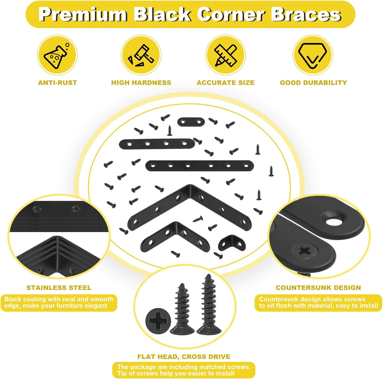 Mardatt 24 Sets Black Corner Braces L Brackets and Straight Braces Mending Plates Heavy Duty Assortment Kit with Screws Fasteners for Wood Shelf Chair Cabinet Furniture (20/50/100mm,40/100/160mm) : Industrial & Scientific