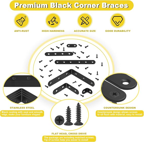 24 Sets Black Corner Braces L Brackets and Straight Braces Mending Plates Heavy Duty Assortment Kit with Screws Fasteners for Wood Shelf Chair Cabinet Furniture (20/50/100mm,40/100/160mm)