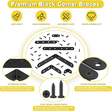 24 Sets Black Corner Braces L Brackets and Straight Braces Mending Plates Heavy Duty Assortment Kit with Screws Fasteners for Wood Shelf Chair Cabinet Furniture (20/50/100mm,40/100/160mm)