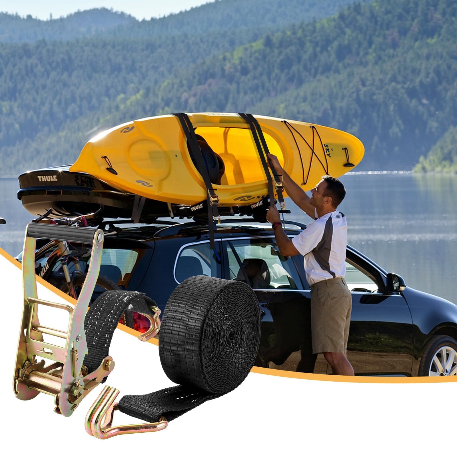 ASelected 2 pezzi cinghia a cricchetto nera 6m 50mm | Cinghie a cricchetto per moto e fissaggio carico, cinghie di ancoraggio in poliestere 5cm nera ben visibile