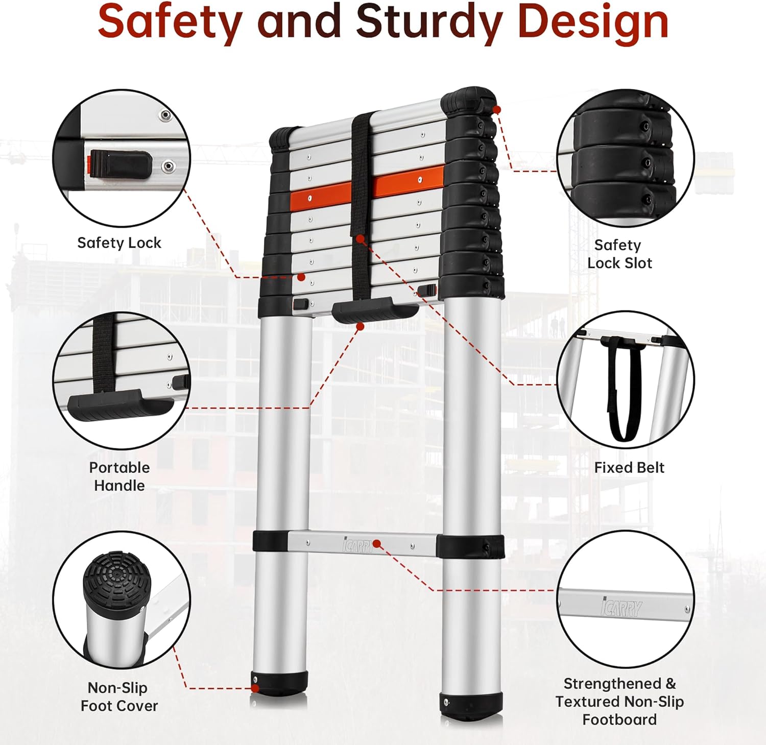 ICARRY Telescoping Ladder, 9.8 FT Aluminum One-Button Retraction Collapsible Extension Ladder, Soft Close Design, 250lb Capacity with Non-Slip Feet, Multi-Purpose Compact Ladder for Home, RV, Loft