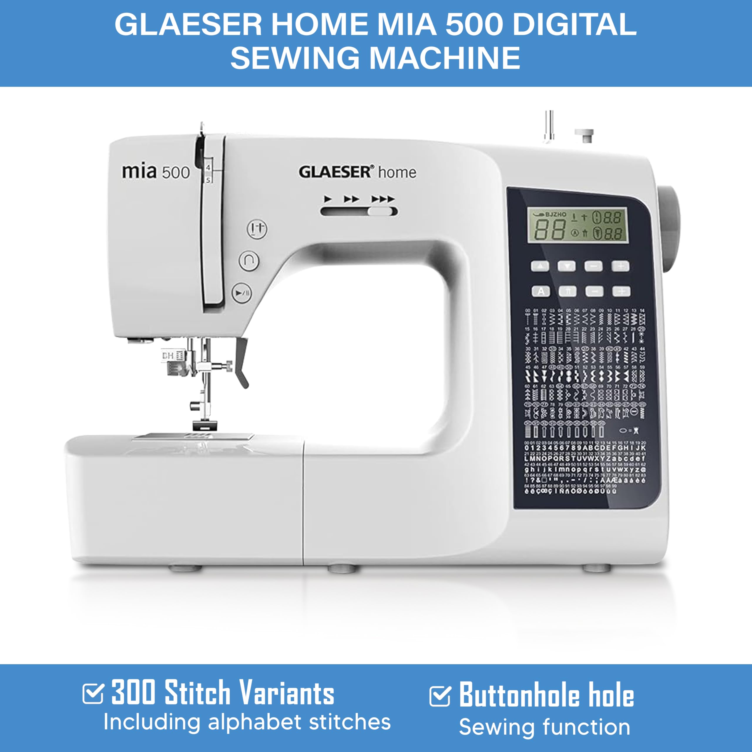 Digitale Nähmaschine GLAESER® home mia 500 300 Stich-Varianten Doppelnadel LED Display Einklappbarer Griff Einschnapp-Automatik Nähfuss Doppelnadel-Funktion Elektronische Start-Stopp-Funktion