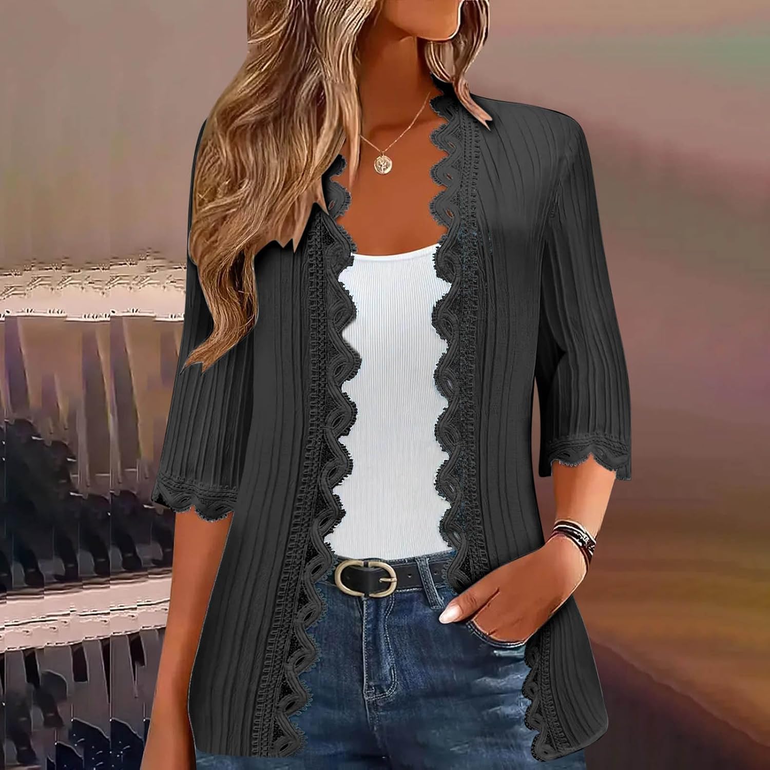 Lace Cardigans for Women 3/4 Length Sleeve Open Front Cardigan Lightweight Shrugs Sweater Casual Fall Outfits