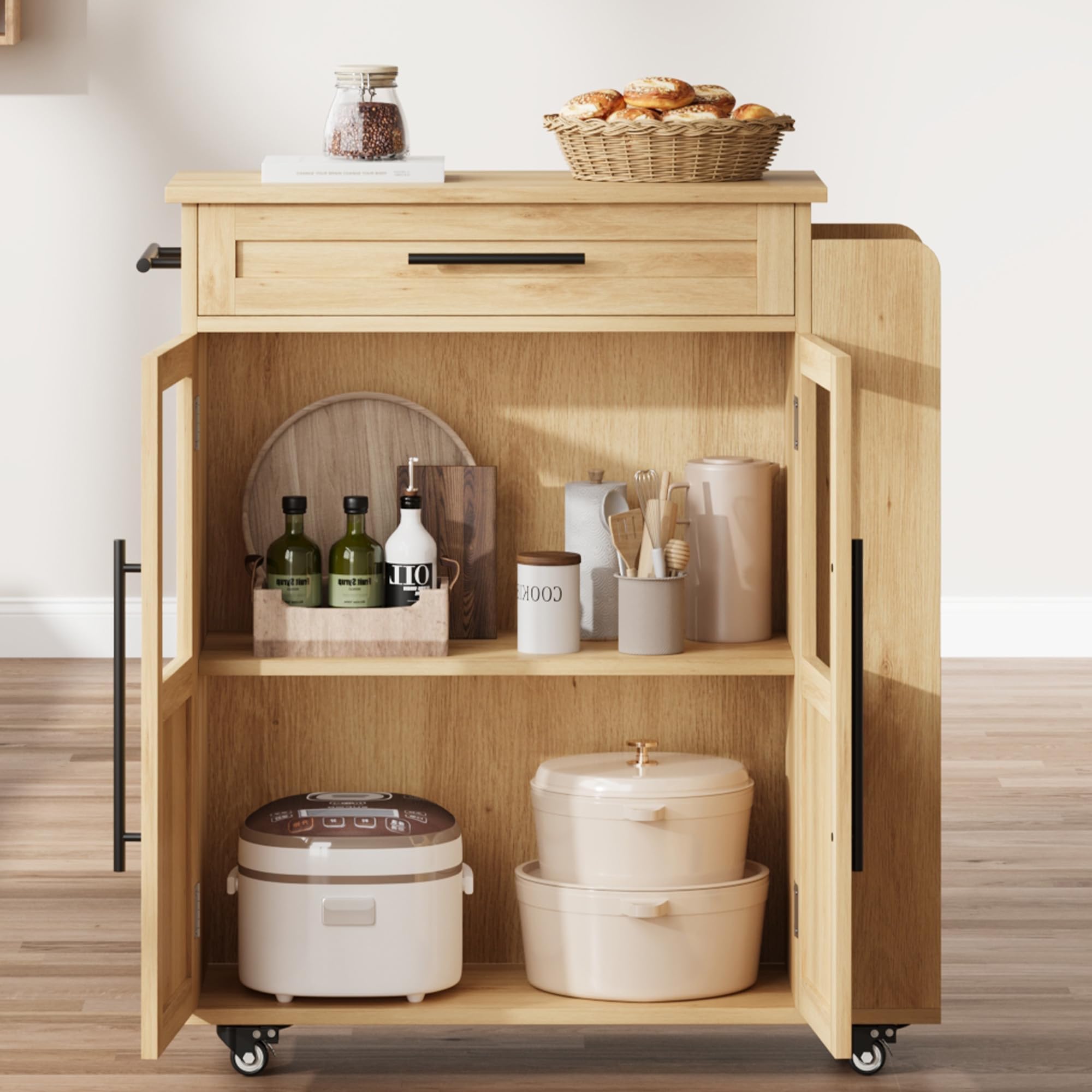 Îlot de Cuisine sur roulettes Style Farmhouse, Chariot de Rangement 60 cm - 2 Portes vitrées + 1 tiroir, étagères 3 Niveaux, Range-épices & Porte-Serviettes, Roues verrouillables - Bois