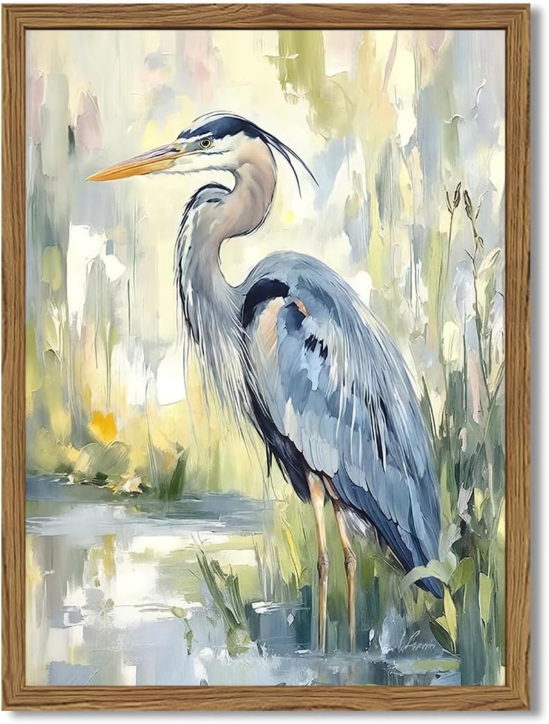 Framed Blue Heron Wall Art, Watercolor Sea Bird Pictures Wall Decor, Coastal Nature Wildlife Animal Paintings Canvas Prints for Living Room Bedroom Bathroom Office Home Decor 16x24 inch