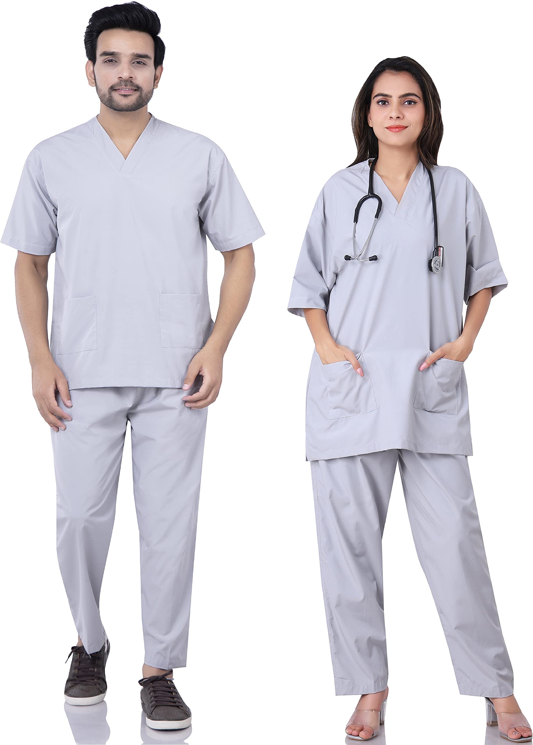 badoli collection UNISEX FEEL FRESH PERMANENTLY ANTI-MICROBIAL AND ANTI-VIRAL POLYESTER COTTON V-NECK SCRUB SUIT, TRIPLE STITCH TOP WITH 4 POCKETS, SET OF TOP AND BOTTOM (Size-L,Light Grey-picture-38