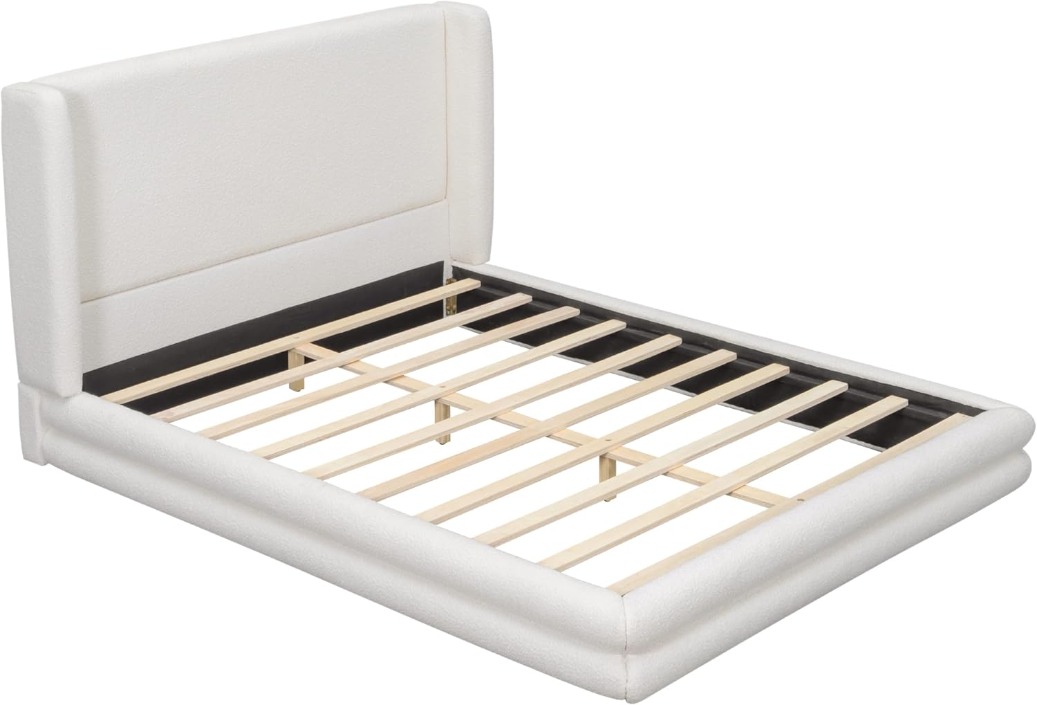 Merax Queen Size Bed Frame with Boucle Upholstered Headboard, 42.5" Wingback Platform Bed Frame with No Box Spring Needed, White Fabric Modern Bedroom Platform Bed