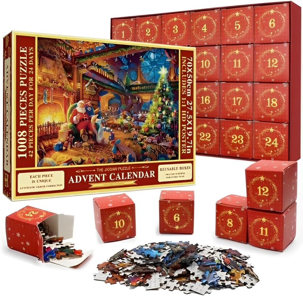 Dasfie Adventskalender 2025 Weihnachts Jigsaw Puzzle 24 Kartons | Adventskalender 2025 Kinder 1008 Teile Puzzle Weihnachtsgeschenkk FüR Jungen, MäDchen（70 X 50 Cm）