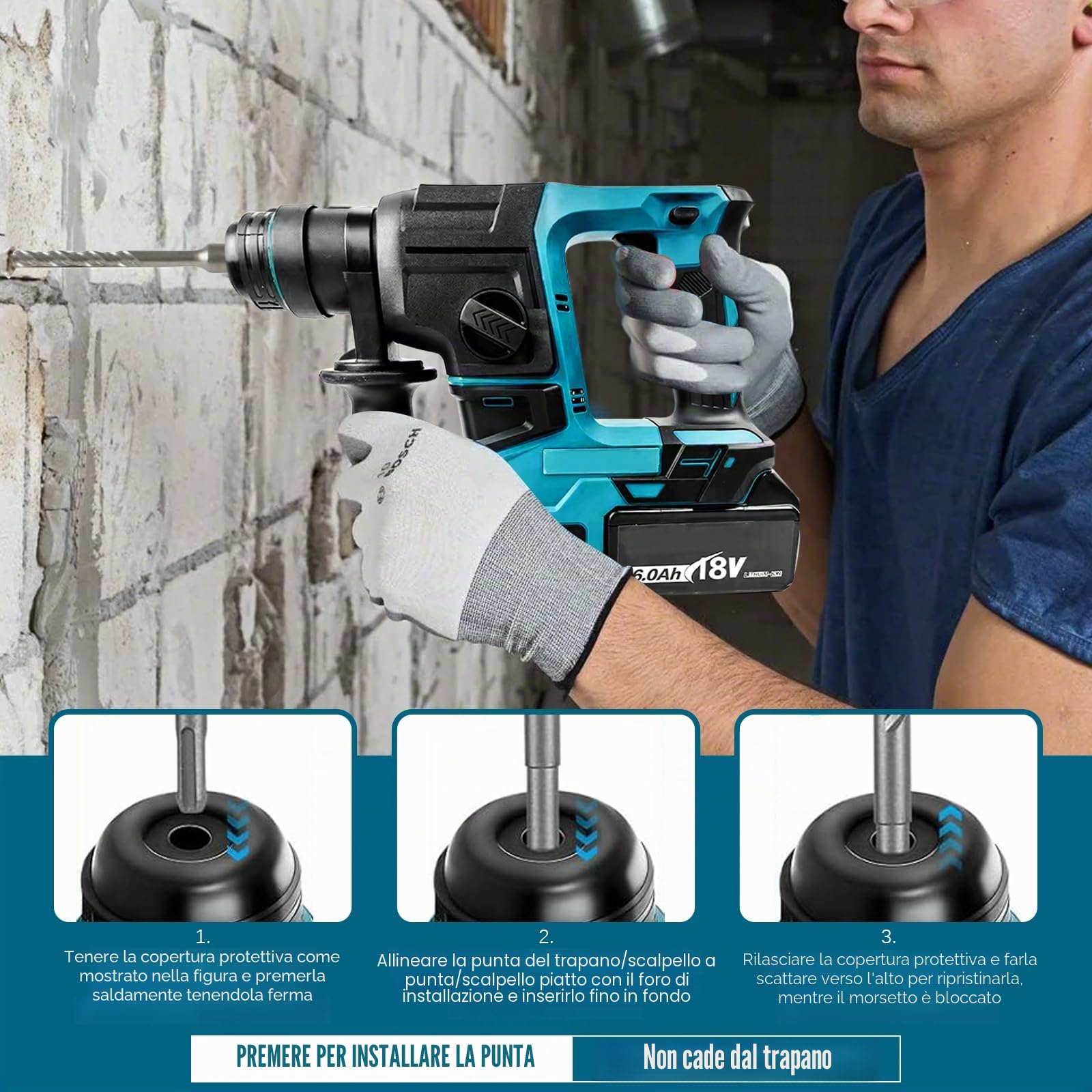 LIROPAU Trapano a Percussione, Trapano Tassellatore a Batteria con 8 Trapani e Guanti, 2,2 J, 1400 U/min, 4200 bpm, Sostituisci Rapidamente i Mandrini SDS-Plus (senza batteria)