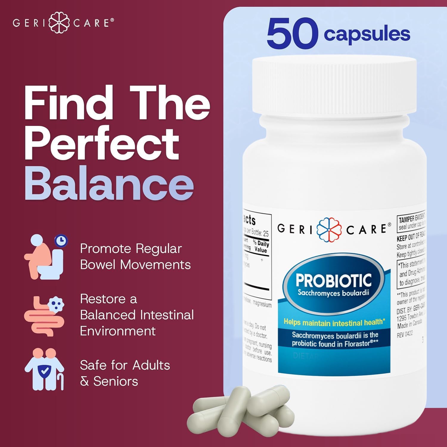GeriCare Ultimate Probiotic and Digestive Health Supplement - Complete Gut Repair, Seed Probiotics, and Florastor Probiotic Formula. Probiotics for Women and Men Lactose & Gluten-Free - 50 Capsules. - Image 2