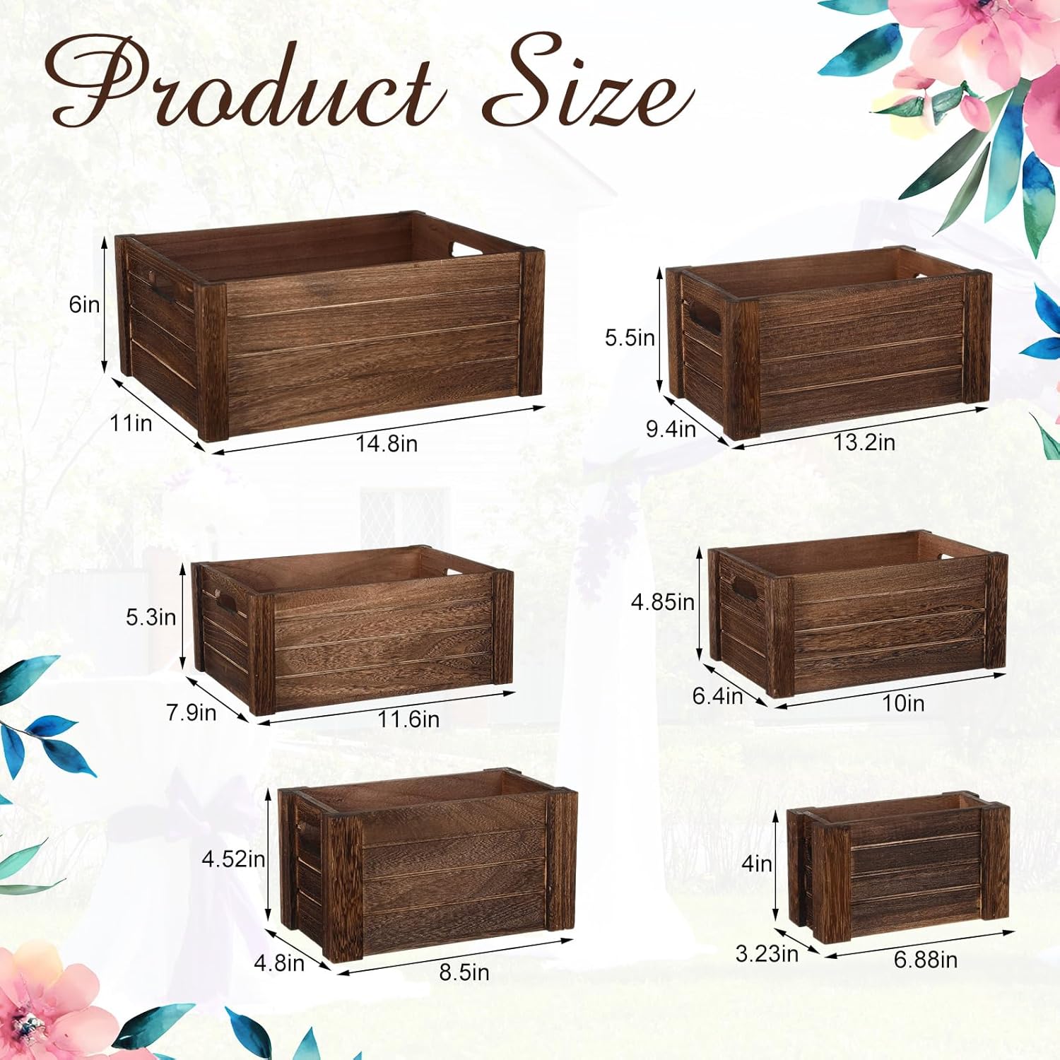 AceOrbit 6 Pcs Decorative Wood Crates for Storage Display 6 Size Rustic Nesting Crates with Handle Farmhouse Wooden Container Boxes for Wedding Bride Shower Party Market Farmers Decor(Dark Brown)