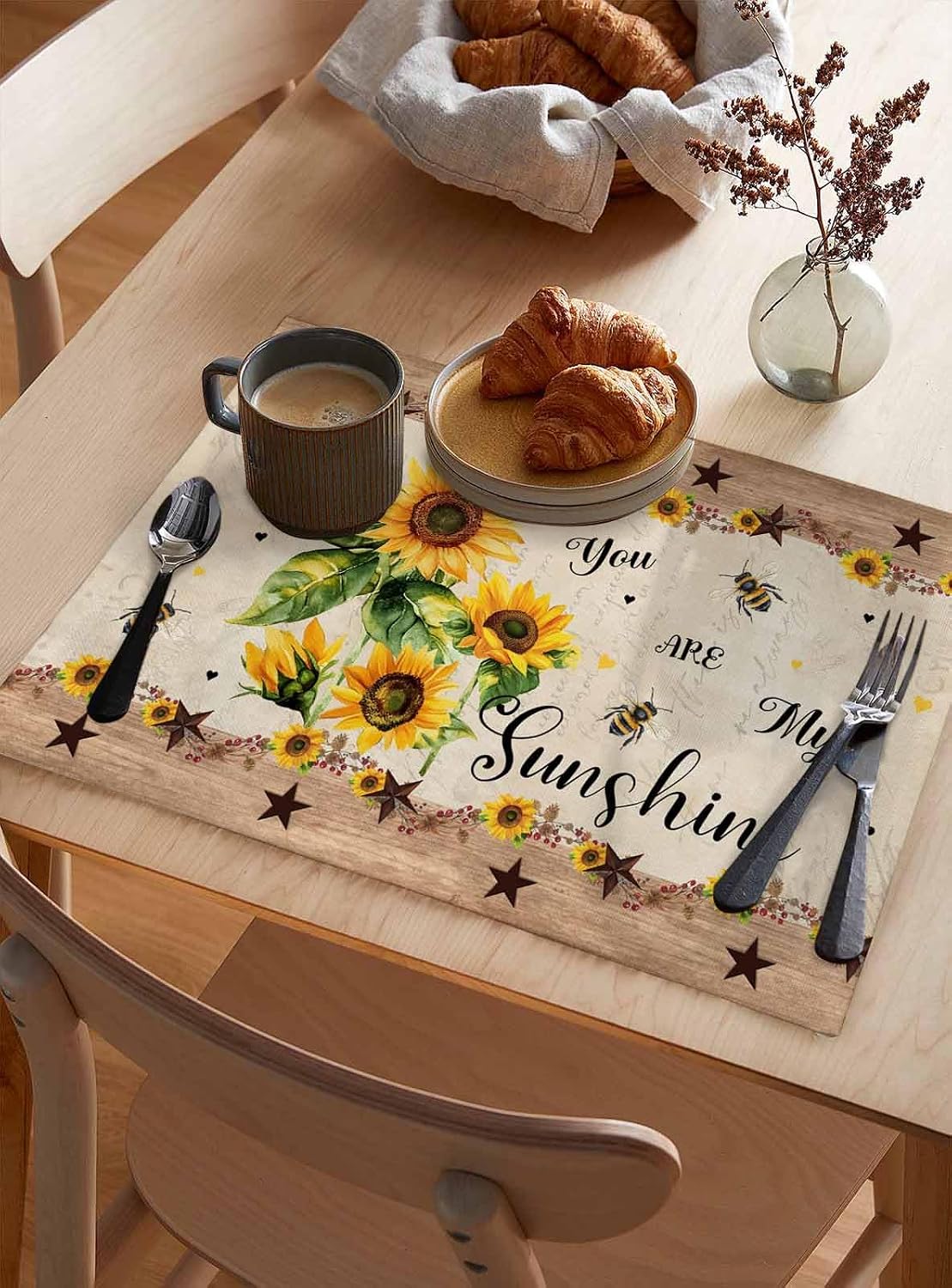 Summer Sunflowers Placemats Set of 12 Rustic Stars Non Slip Washable Table Mats Set Vintage Wood Grain Table Placemats for Kitchen Dining Table Wedding Holiday Party Decoration