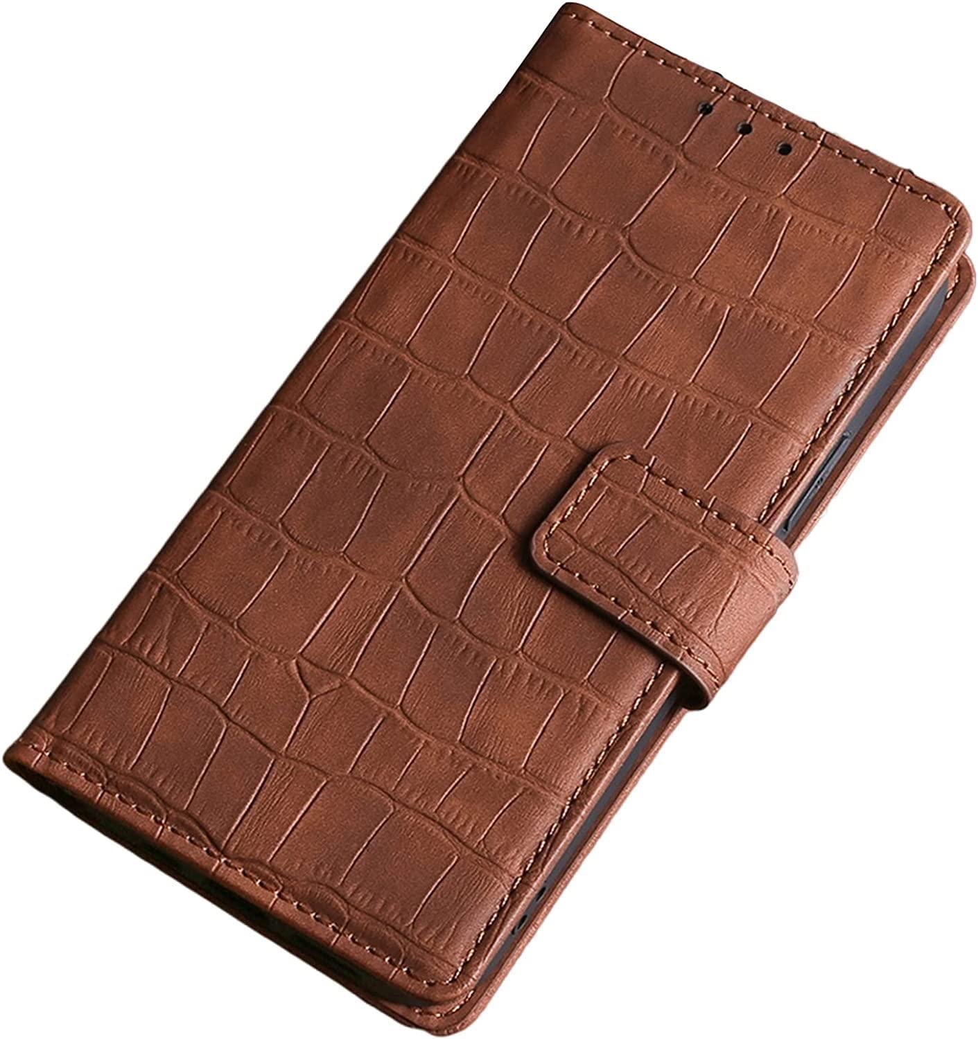 Étui en cuir iPhone 14 Pro marron crocodile avec fente carte et clapet