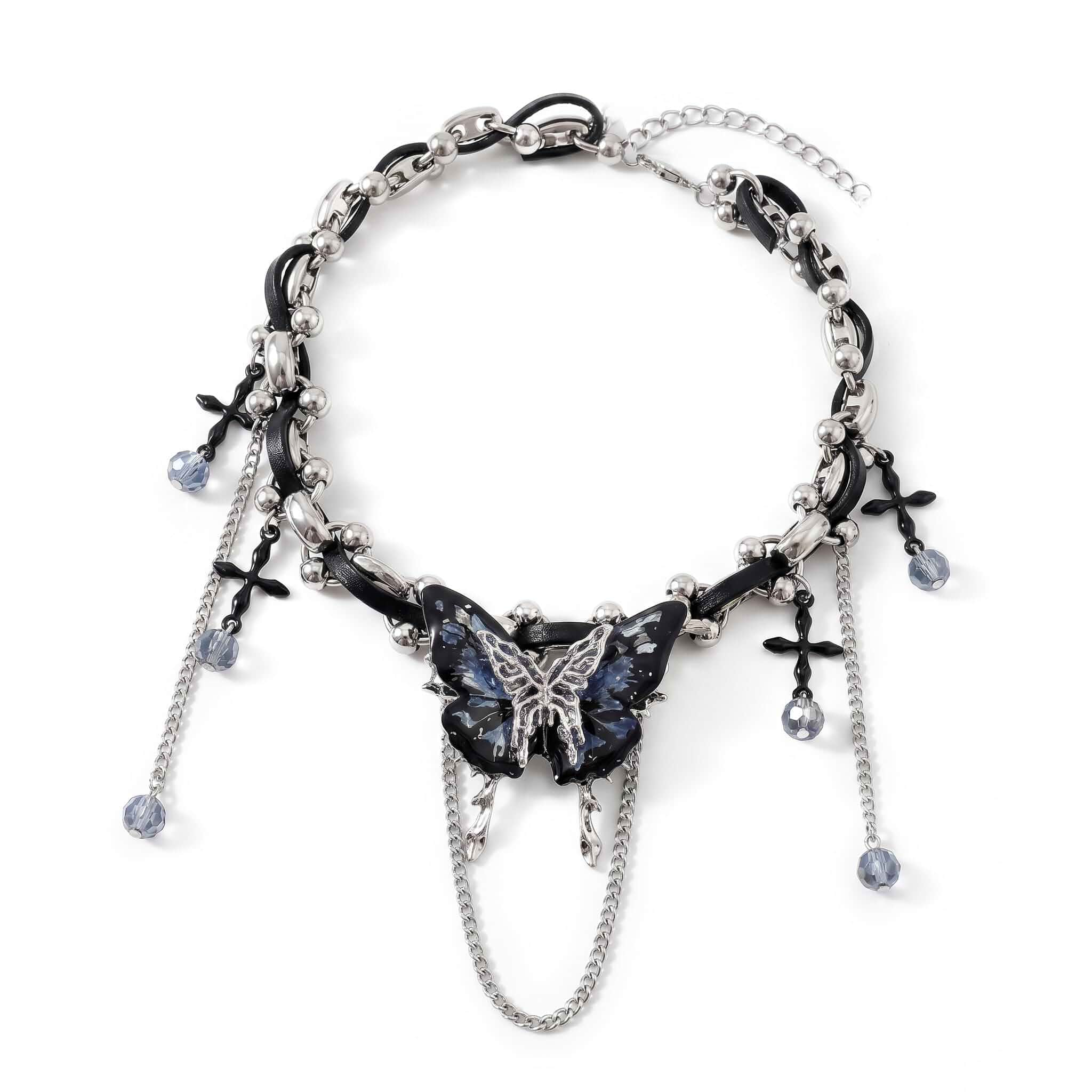 Chic Vintage Silver Tone Butterfly Choker Multi-Strand Layered Gothic Necklace Women Y2k Emo Alt Accessories Fairycore Cross Drop Pendant Renaissance Witchy Present