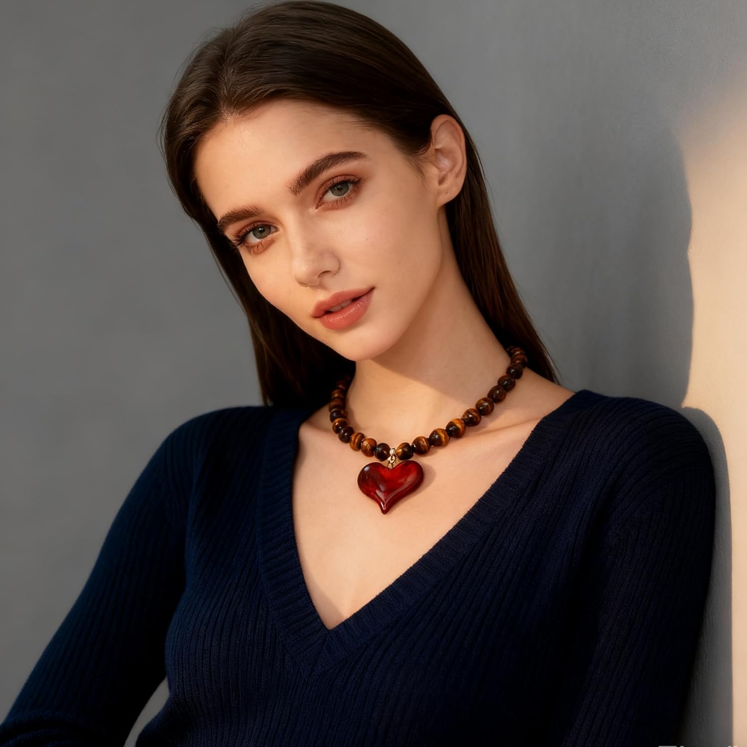 Chunky Stone Beaded Necklace Amber Puffy Resin Heart Pendant Necklace for Women - Tiger Eye Vintage Boho Choker Adjustable Statement Jewelry Gift - Image 3