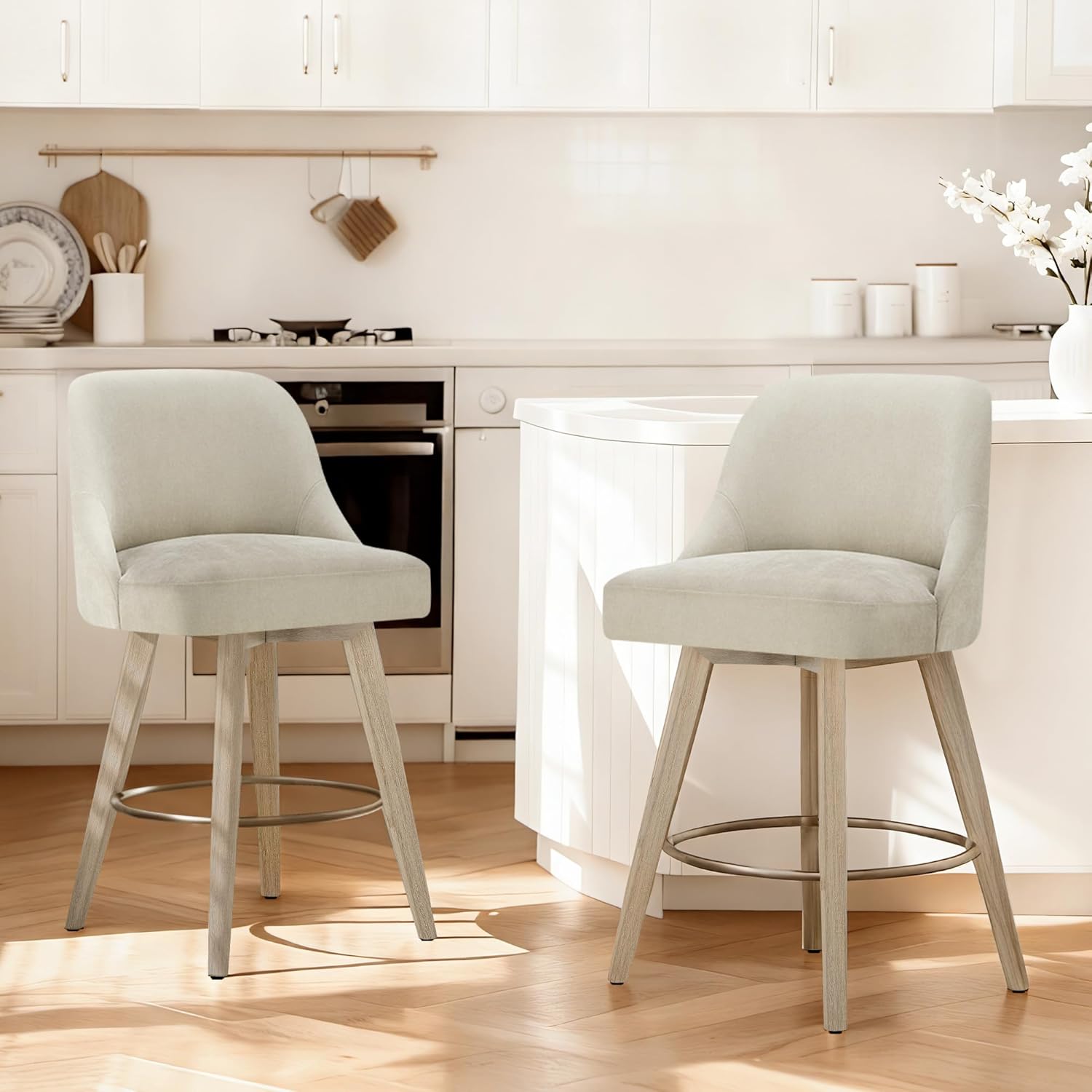 Counter Height Bar Stools Set of 2, Modern Swivel Barstools with Back and Wood Legs, Fabric Upholstered Bar Chairs, 26" Seat Height Counter Stools for Kitchen Island,Sand