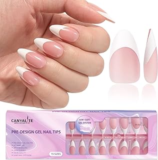 Canvalite French Tip Press on Nails Gel Nail Tips - 300Pcs Pre-Colored Quick and Easy Press on Nails Almond Fake Nails with Designs DIY Nail Extensions Valentines Day Gifts for Her, Pink White