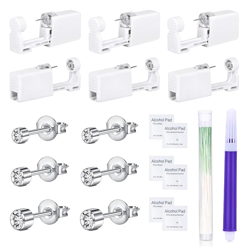 DJCIW Kit descartável para piercing de orelha com 14 peças e brincos de aço inoxidável com zircônia cúbica