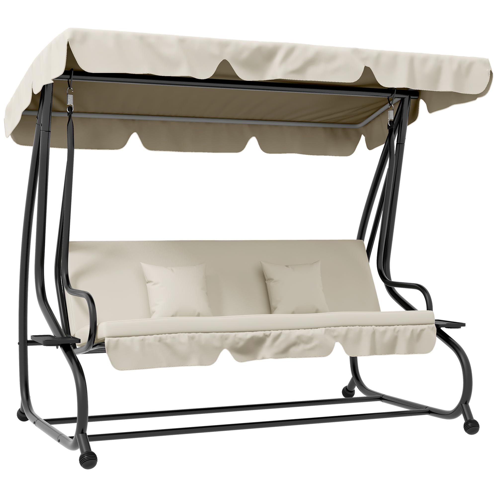 Outsunny Dondolo Letto da Giardino con Tettuccio Regolabile e Vassoi Portabicchieri, Dondolo da Giardino in Acciaio e Poliestere, 200x120x164 cm, Crema