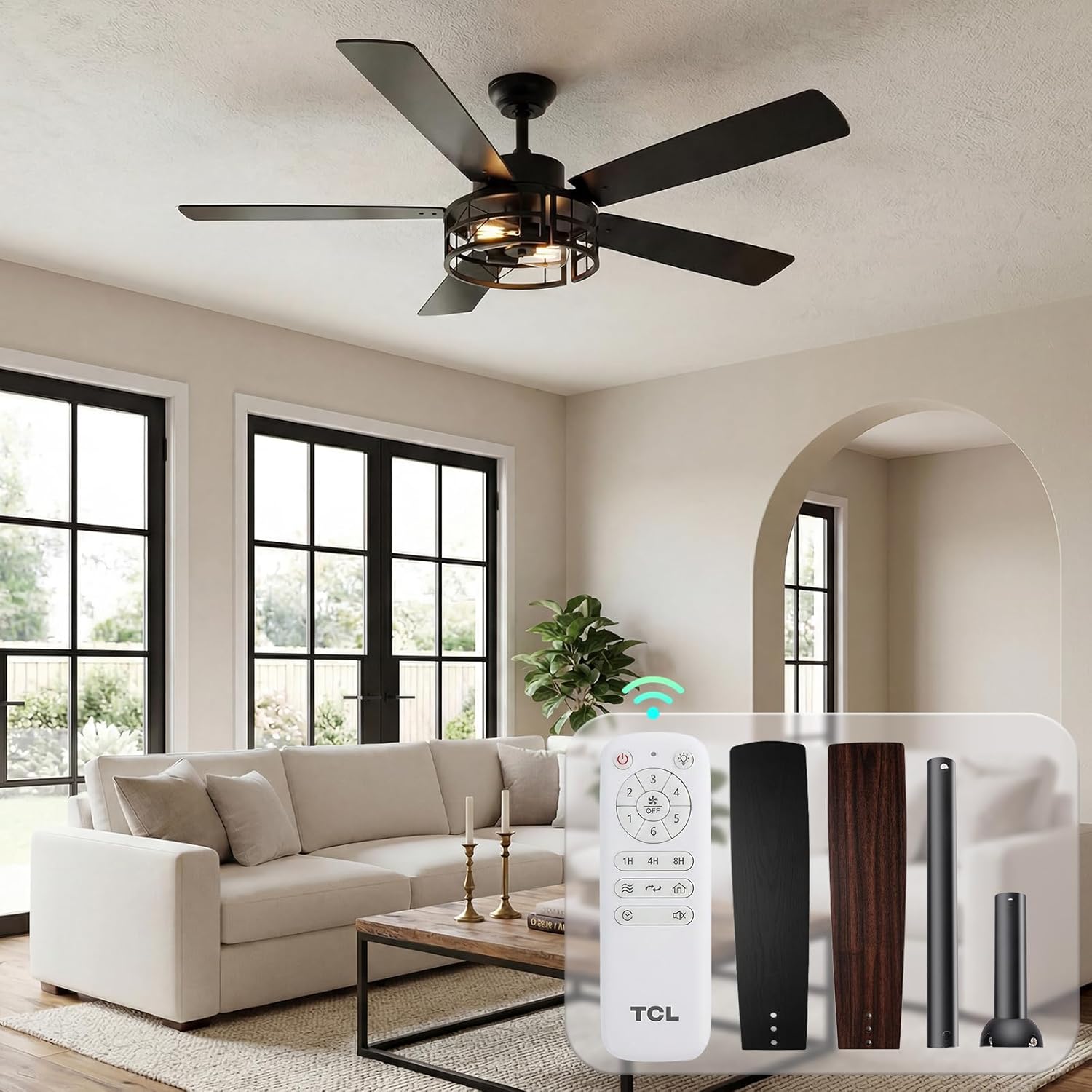 TCL 52 Inch Farmhouse Ceiling Fan with Light and Remote, Black Industrial Caged Flush Mount Ceiling Fans with 6 Speed Reversible Motor and Dual Finish 5 Blades,Ceiling Fan for Living room (black1, 52)