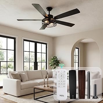 TCL 52 Inch Farmhouse Ceiling Fan with Light and Remote, Black Industrial Caged Flush Mount Ceiling Fans with 6 Speed Reversible Motor and Dual Finish 5 Blades,Ceiling Fan for Living room black1, 52