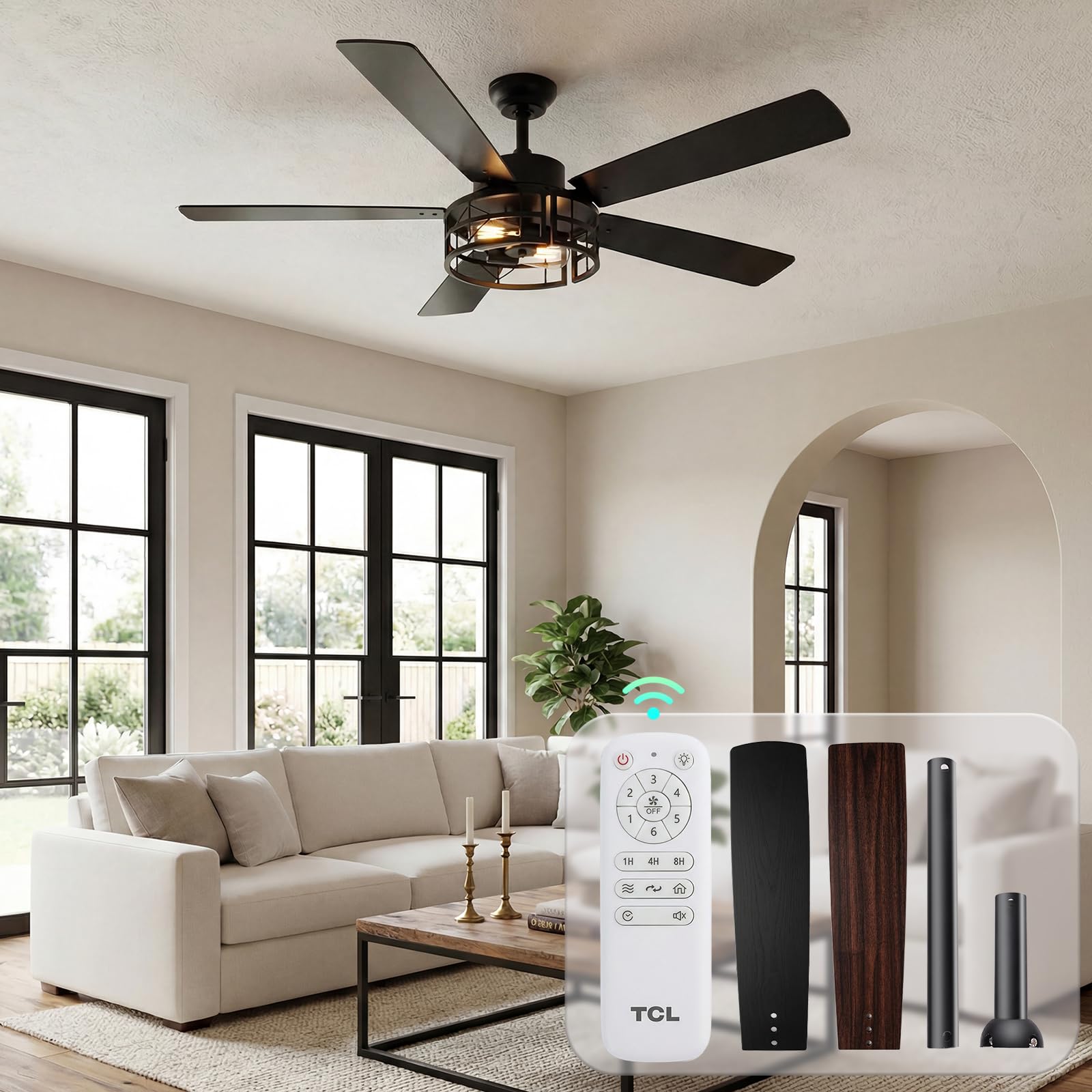 Photo 1 of TCL 52" Black Caged Drop Rod Ceiling Fan with Light & Remote