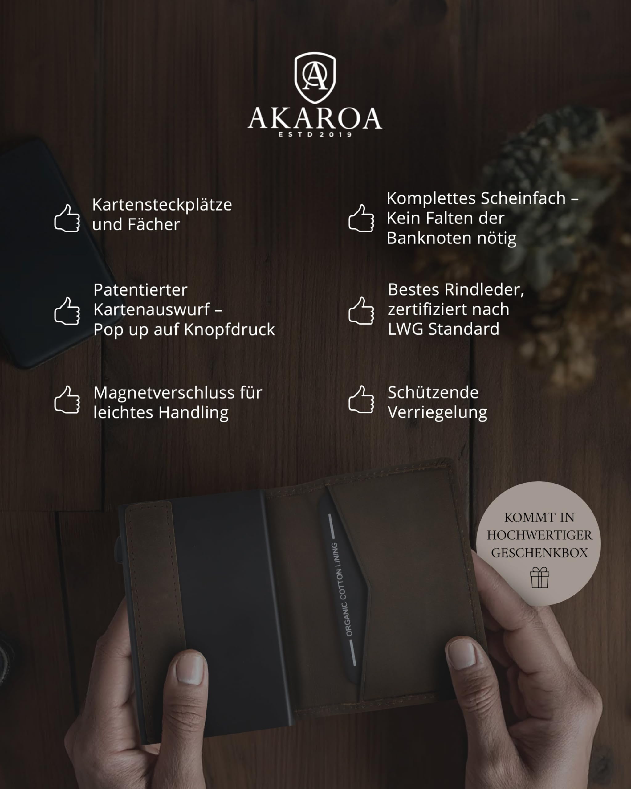 AKAROA – Kartenetui Slim Wallet Herren Rindsleder Pelle – Pop-up Card Holder Geldbeutel mit RFID Schutz und Kartenauswurf 7x10cm - Extra Kartenfächer, Scheinfach & Magnetverschluss – Vintage Braun